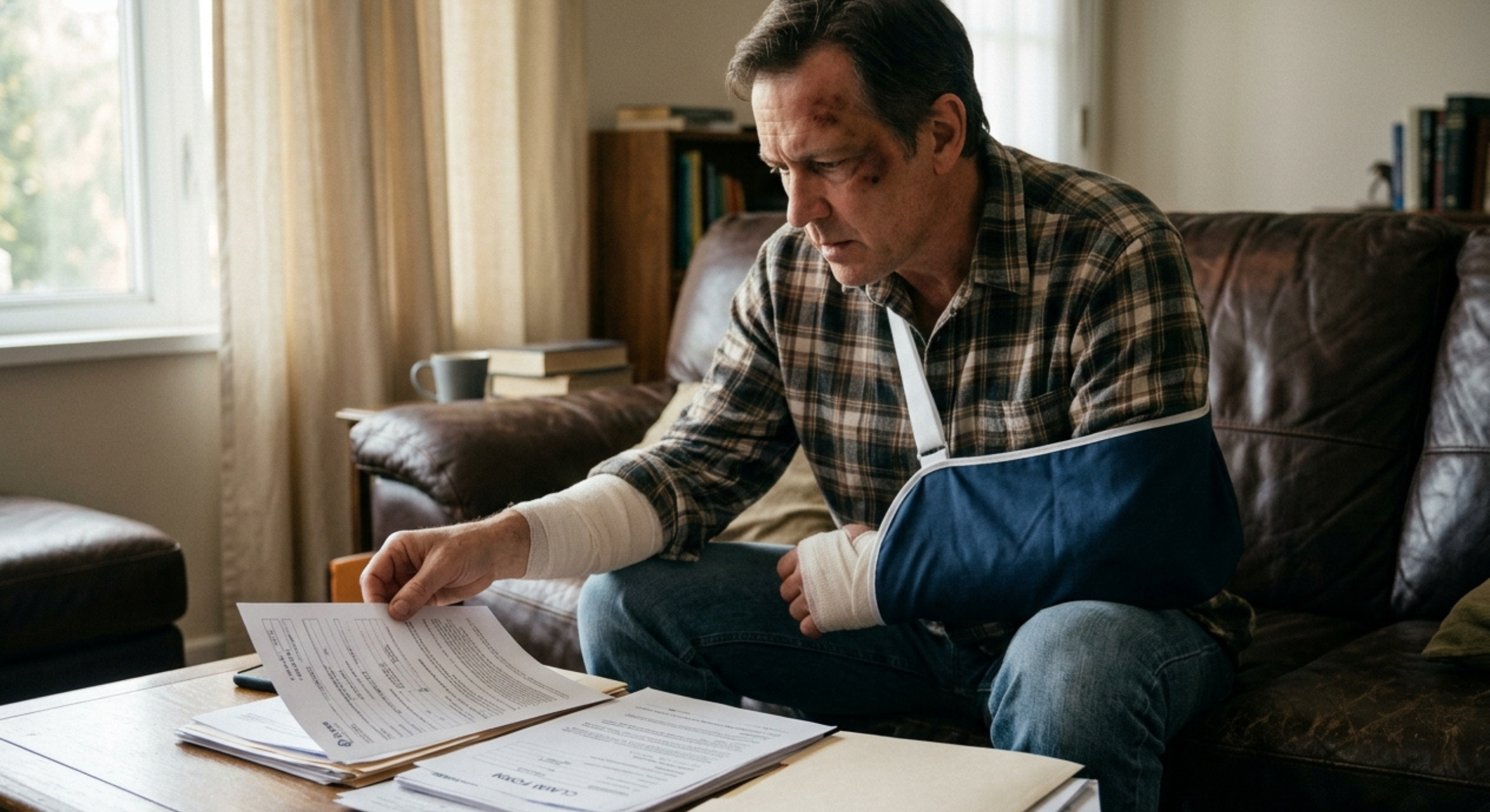 an injured man in an arm sling looking at documents