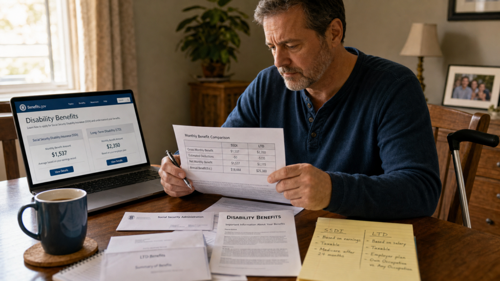 generated-image 4 - The Garner Firm Man reviews disability benefits documents at a table with a laptop showing a Benefits.gov page.