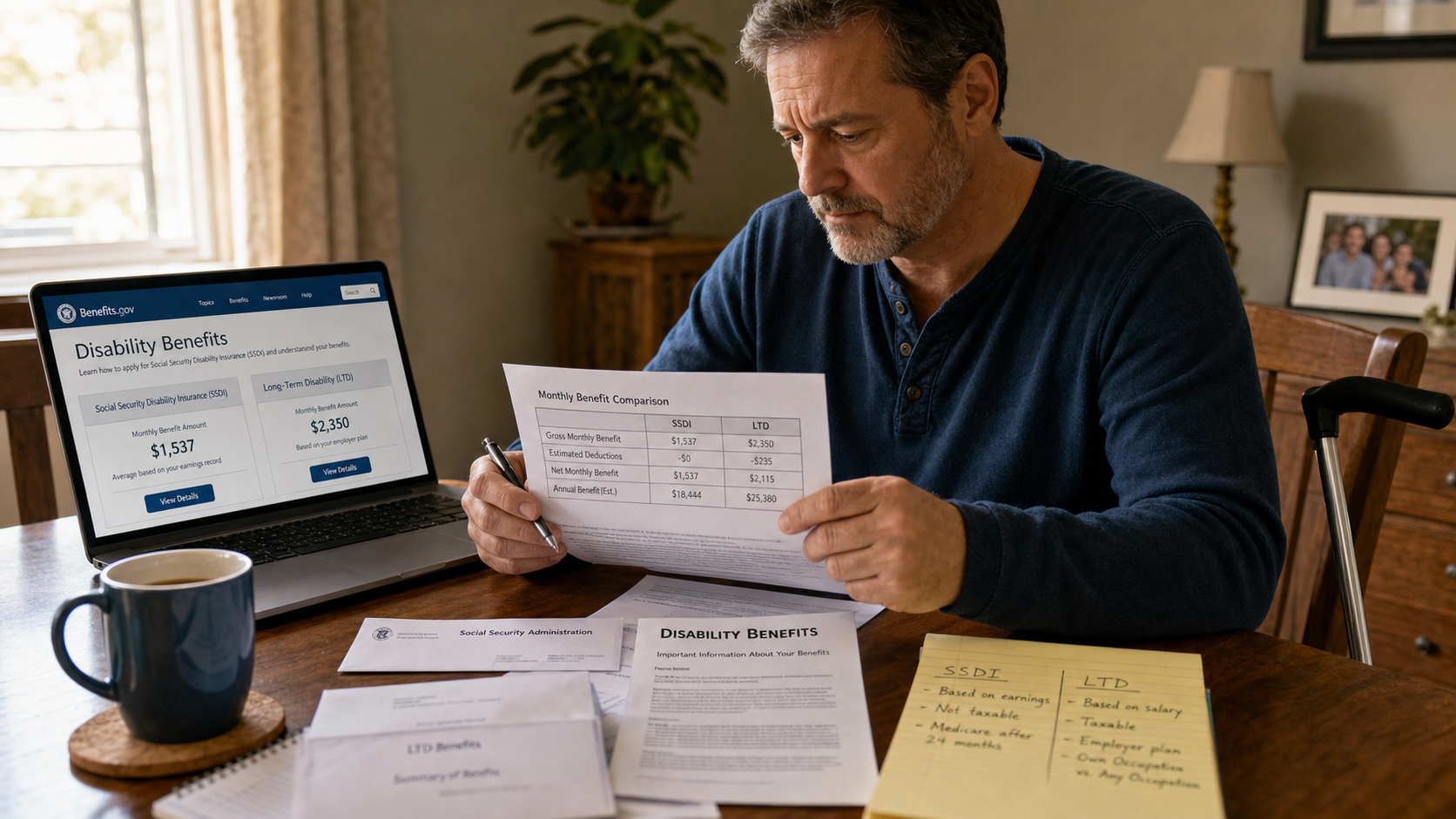 Man at a kitchen table reviews disability benefits documents while a laptop shows a Benefits page on disability insurance.