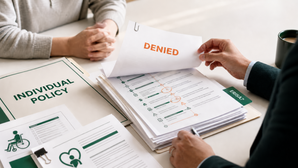 insurance-bad-faith-featured-no-wordmark - The Garner Firm A hand turns a sheet labeled 'DENIED' over a stack of policy documents on a desk, including an 'INDIVIDUAL POLICY' folder and accessibility graphics.