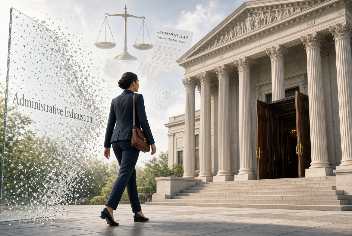 7QC4L - The Garner Firm Stylized image of a woman walking through the courthouse doors after the Court eliminates administrative exhaustion requirement.