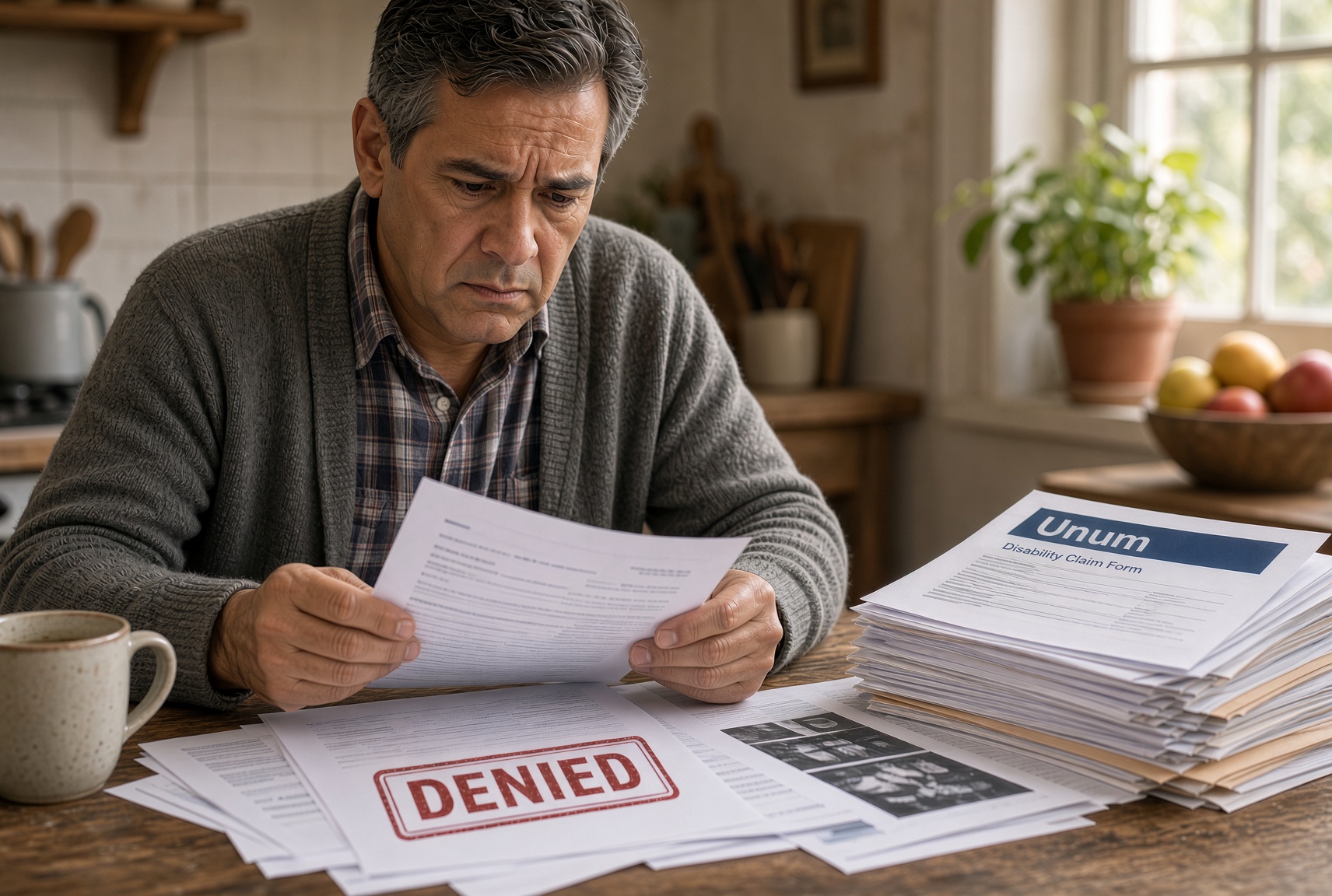 Man at a kitchen table reviewing documents with a large 'DENIED' stamp visible on the top sheet and a stack of Unum disability claim papers nearby.